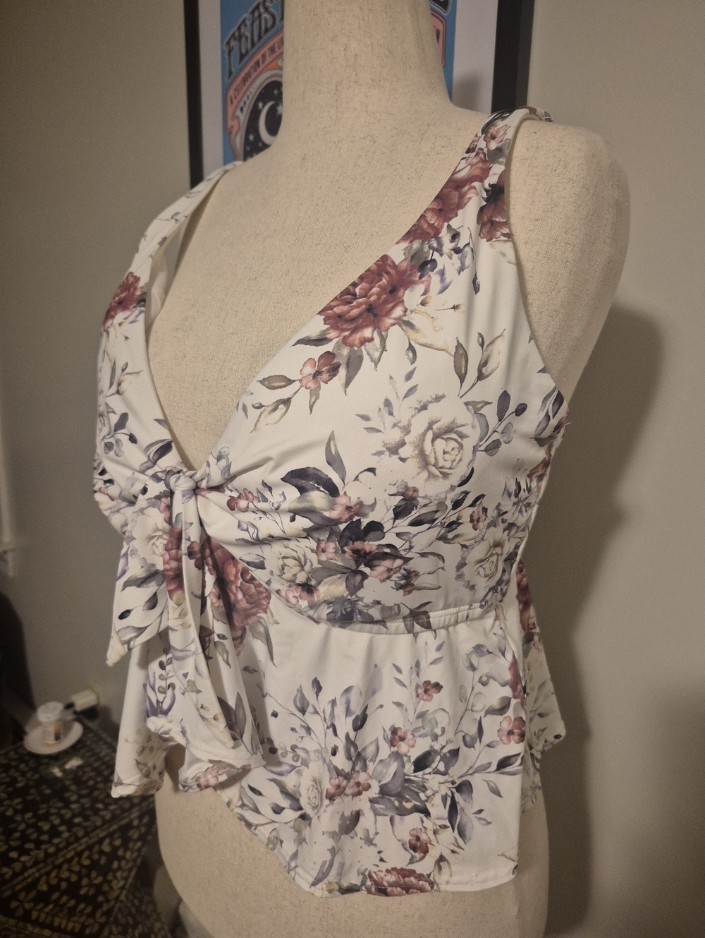 Artesands XXL Floral Tie-Front Swim Camisole in White with Rose and Sage Print